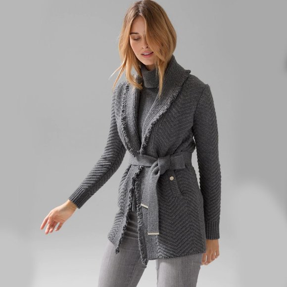 WHBM $140 NWT Fringe Shawl Sweater Coat Cardigan Jacket Grey S M - Picture 1 of 8